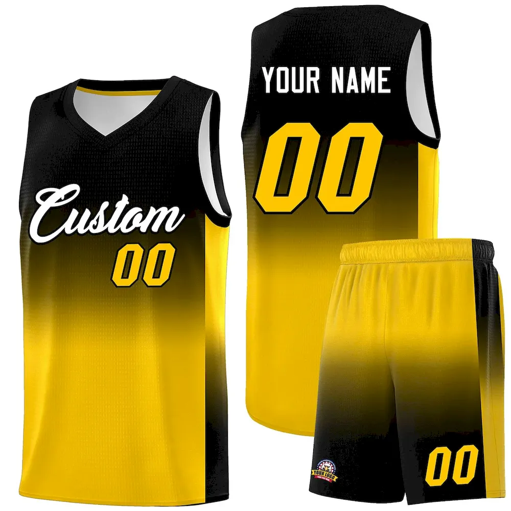 Custom Black Gold Gradient Fashion Sets Sports Uniform Basketball Jersey