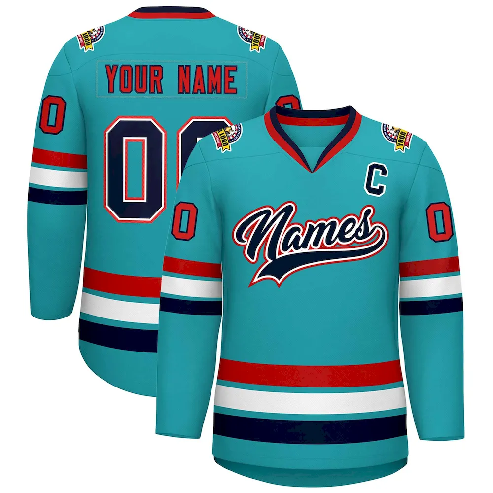 Custom Aqua Navy White-Red Classic Style Hockey Jersey