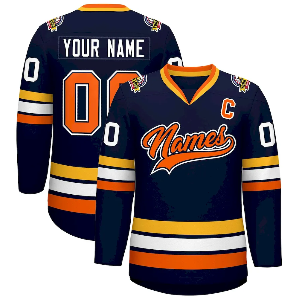 Custom Navy Orange Navy-White Classic Style Hockey Jersey