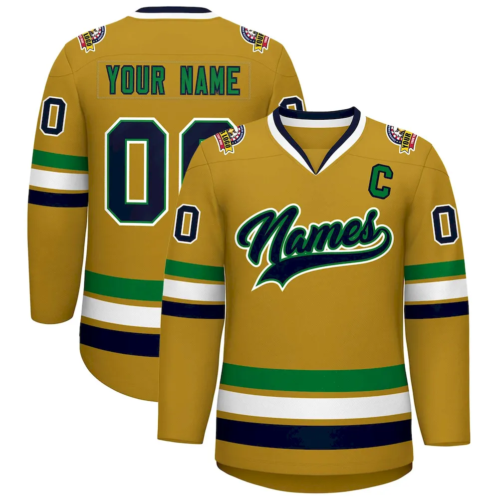 Custom Old Gold Navy Kelly Green-White Classic Style Hockey Jersey