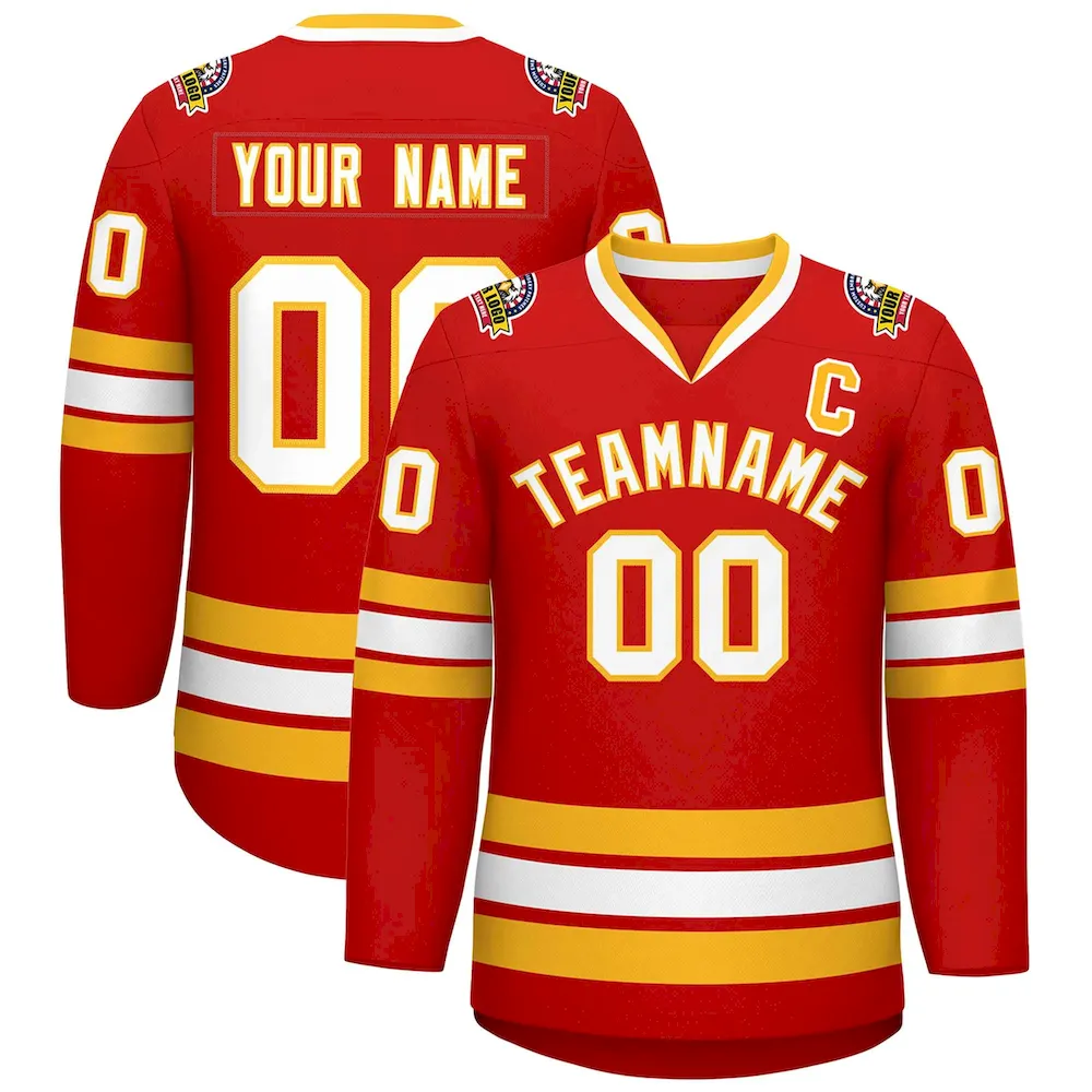 Custom Red White-Gold Classic Style Hockey Jersey