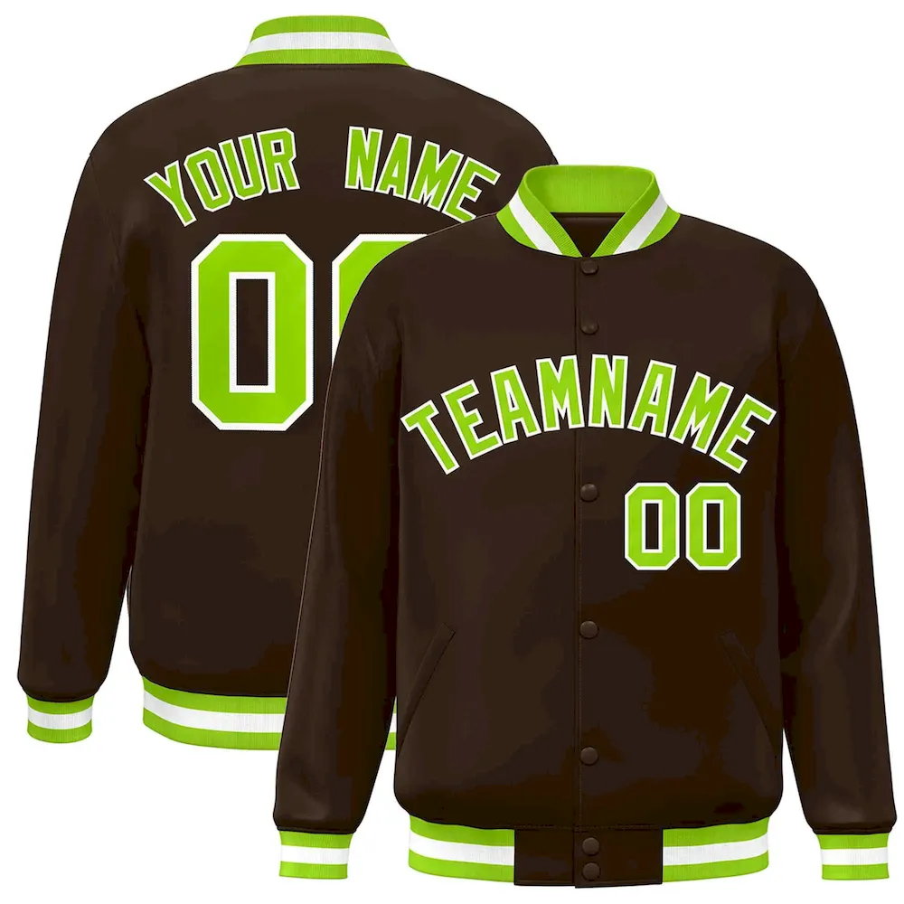Custom Brown Neon Green-White Classic Style Varsity Full-Snap Letterman Jacket
