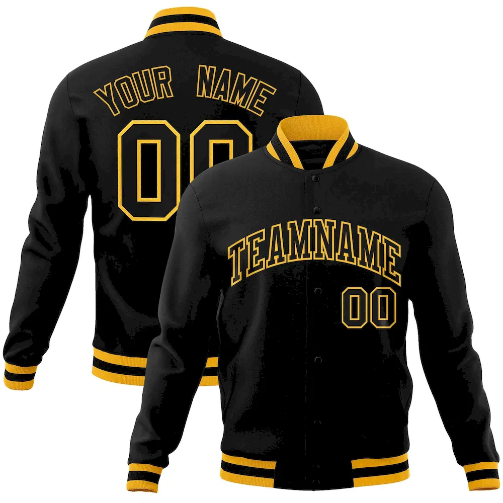 Custom Black Black-Gold Classic Style Varsity Full-Snap Letterman Jacket