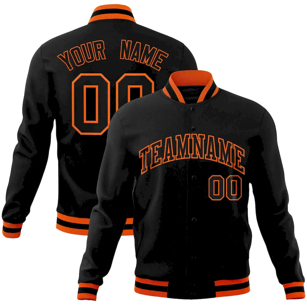 Custom Black Black-Orange Classic Style Varsity Full-Snap Letterman Jacket
