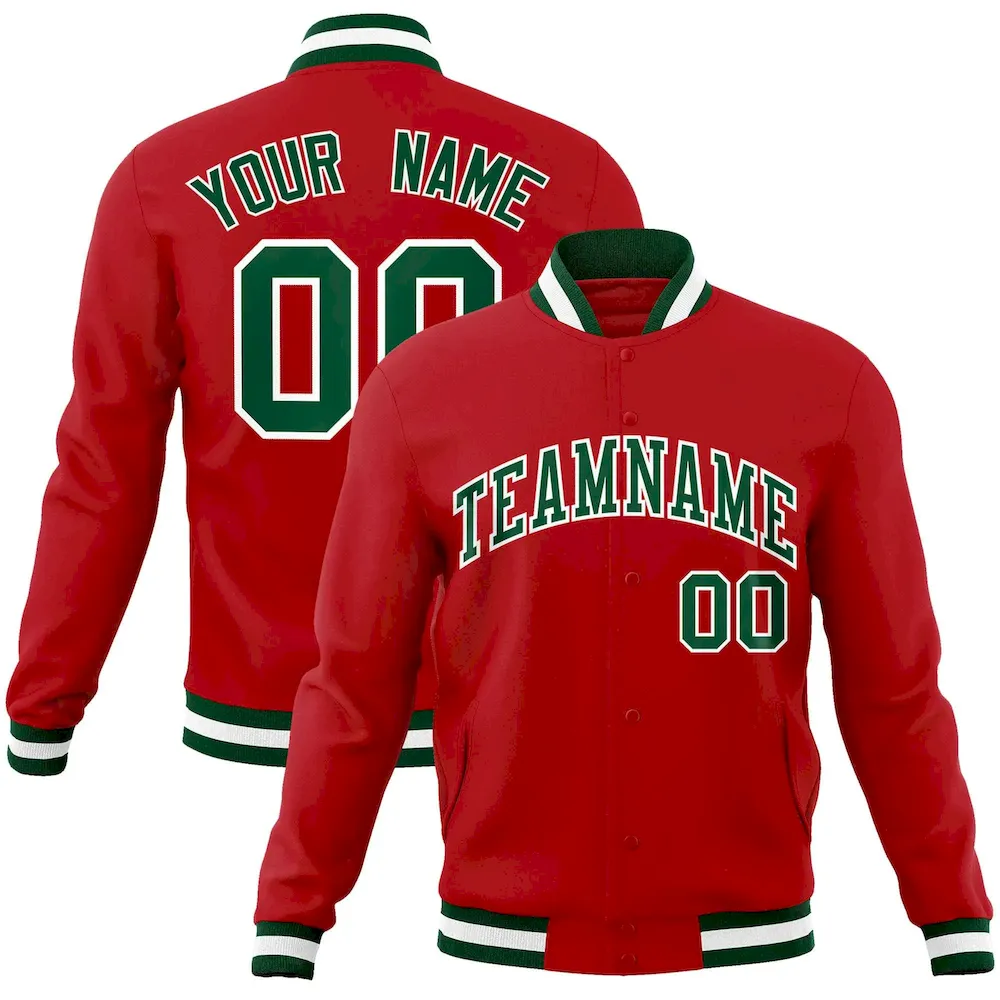 Custom Red Green-White Classic Style Varsity Full-Snap Letterman Jacket