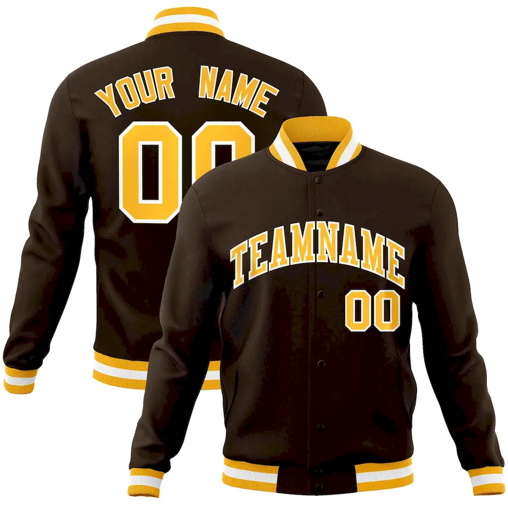 Custom Brown Gold-White Classic Style Varsity Full-Snap Letterman Jacket