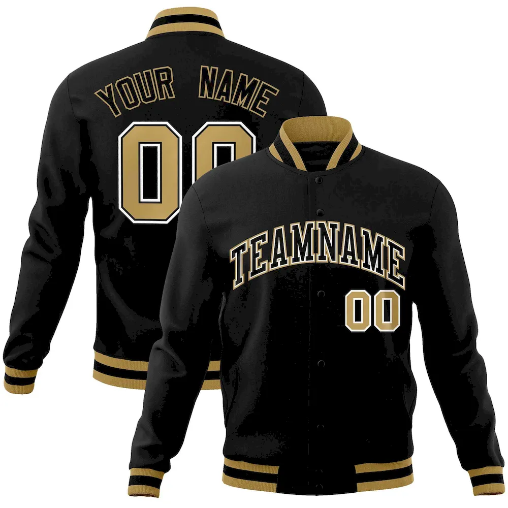 Custom Black Black-Old Gold Classic Style Varsity Full-Snap Letterman Jacket