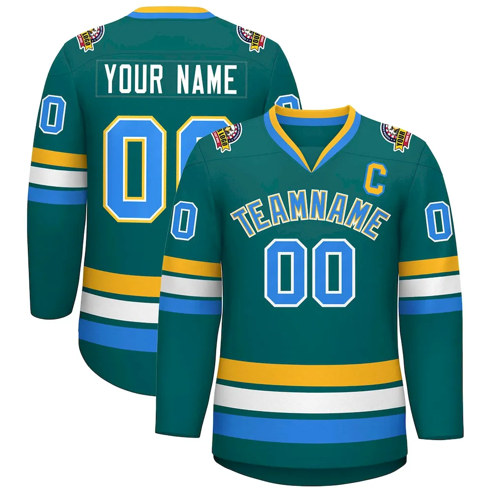 Custom Aqua Powder Blue White-Gold Classic Style Hockey Jersey