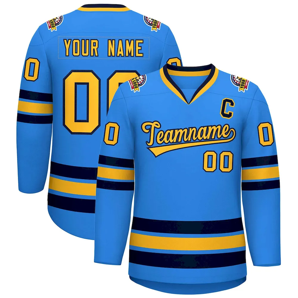 Custom Powder Blue Gold-Navy Classic Style Hockey Jersey