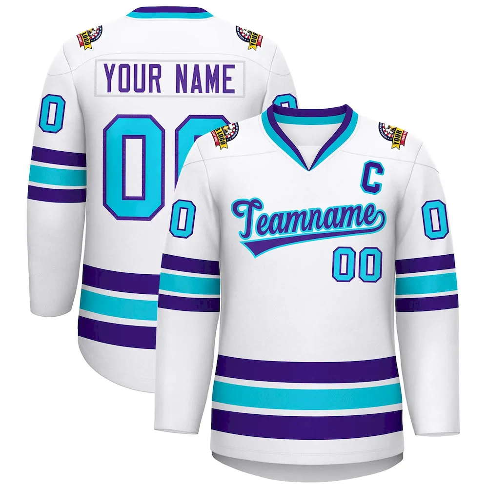 Custom White Purple-Powder Blue Classic Style Hockey Jersey