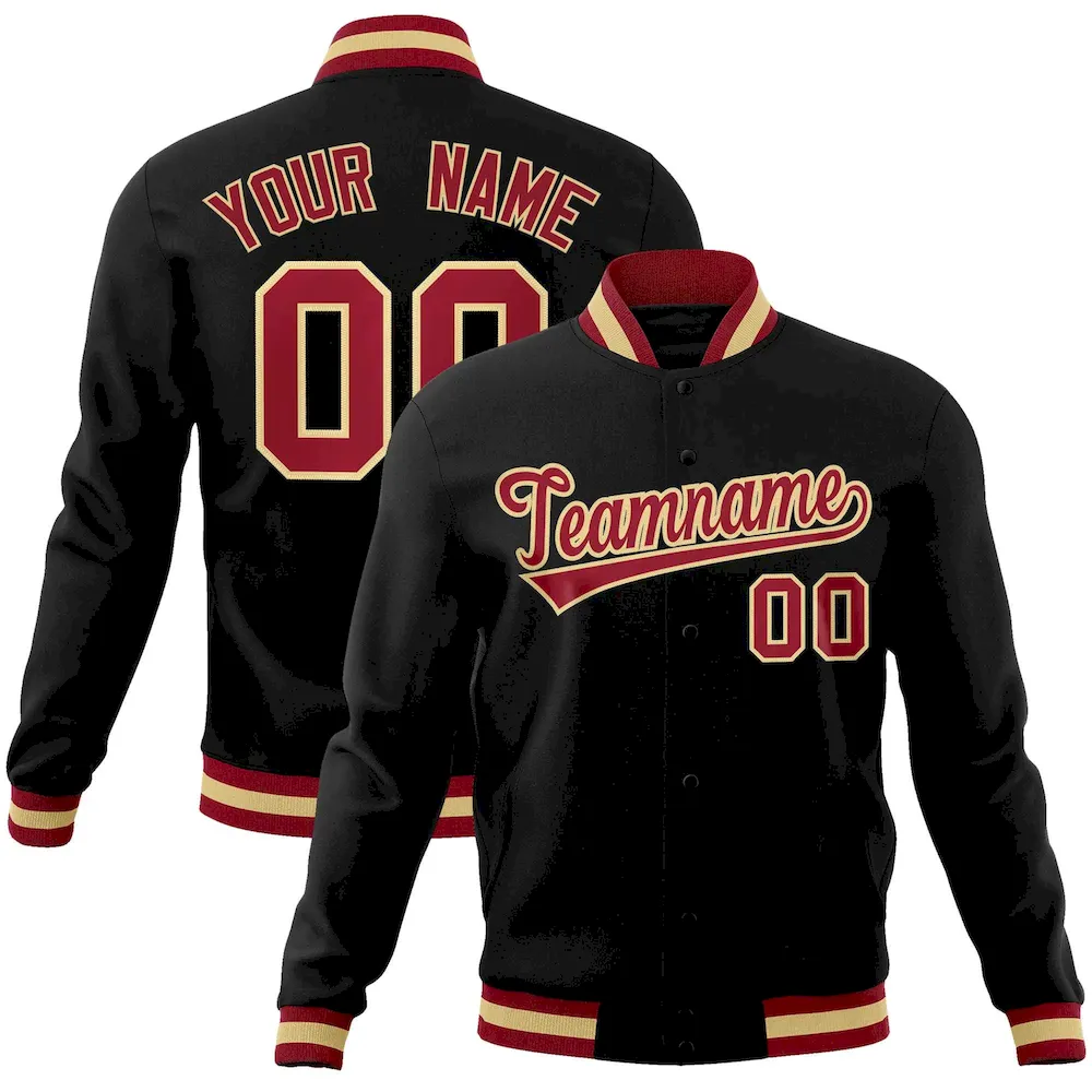 Custom Black Crimson-Khaki Classic Style Varsity Full-Snap Letterman Jacket