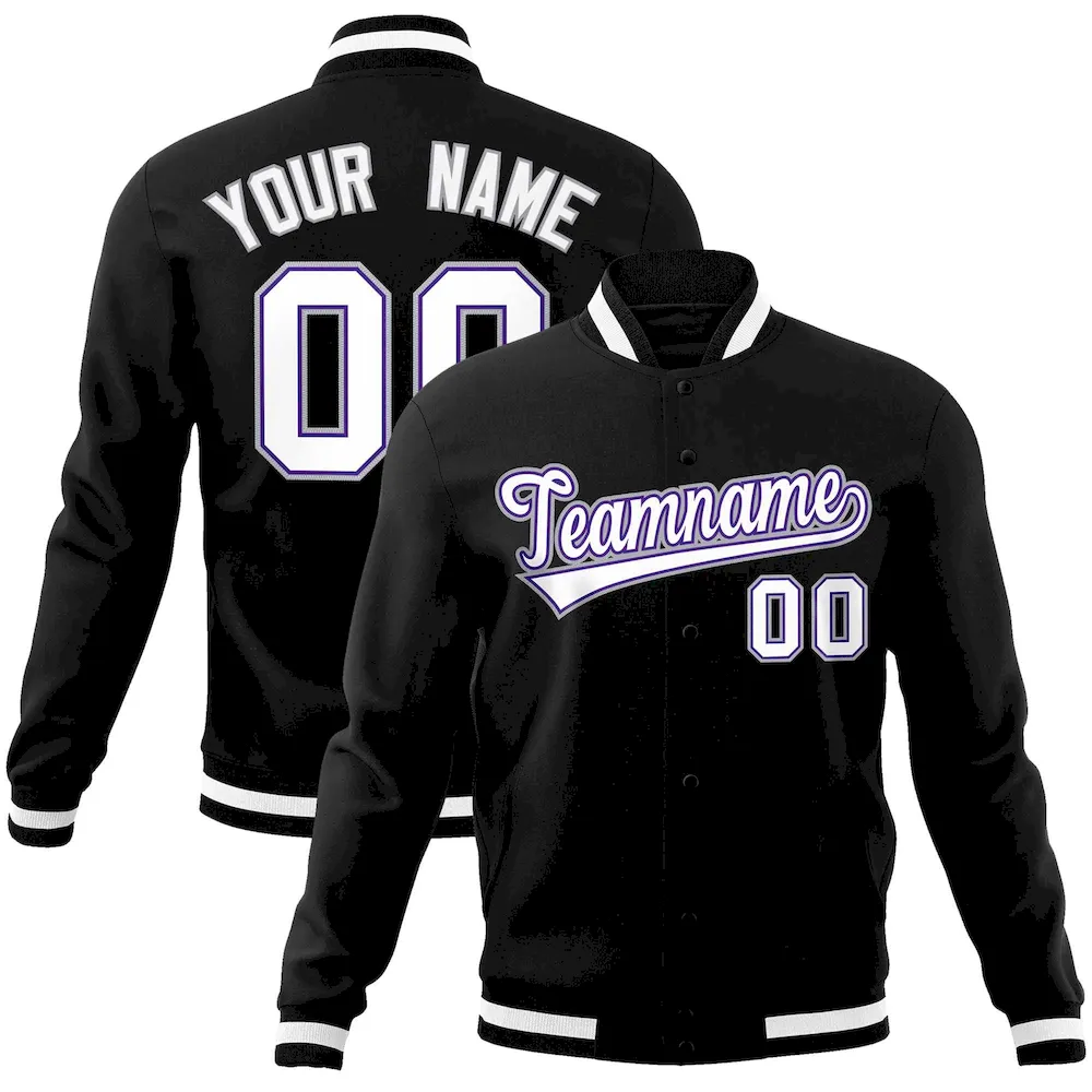 Custom Black Purple-White Classic Style Varsity Full-Snap Letterman Jacket