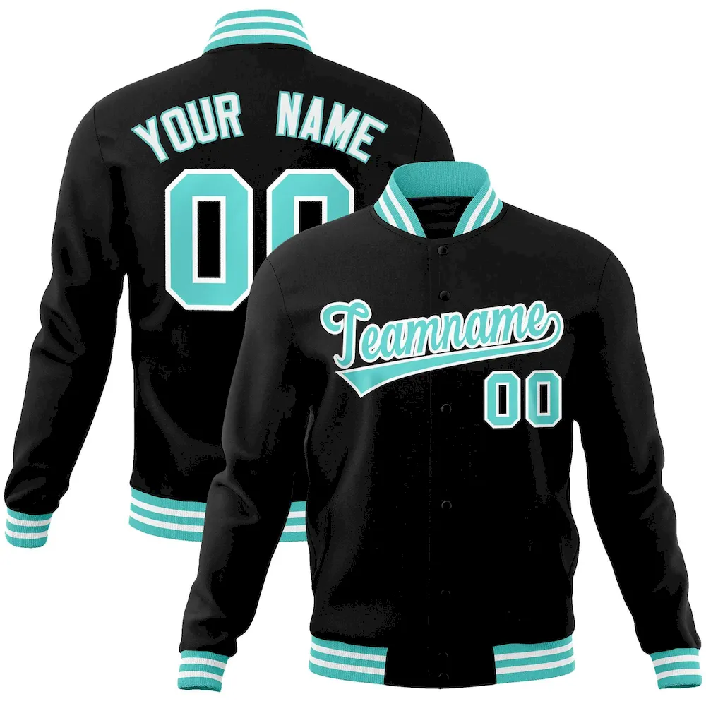 Custom Black Aqua-White Classic Style Varsity Full-Snap Letterman Jacket