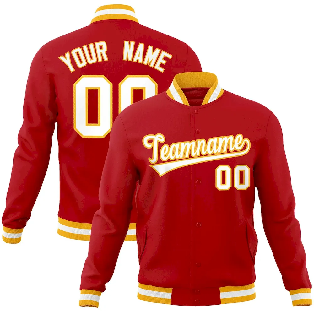 Custom Red White-Gold Classic Style Varsity Full-Snap Letterman Jacket