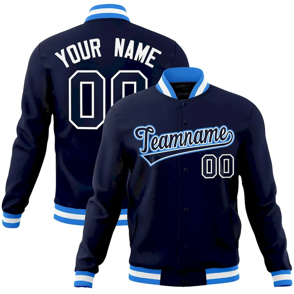 Custom Navy Navy-Powder Blue Classic Style Varsity Full-Snap Letterman Jacket