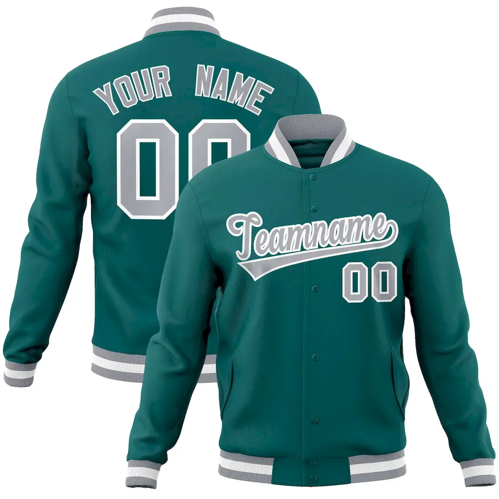 Custom Aqua Gray-White Classic Style Varsity Full-Snap Letterman Jacket