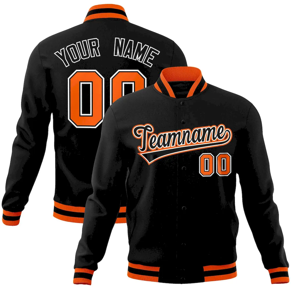 Custom Black Black-Orange Classic Style Varsity Full-Snap Letterman Jacket