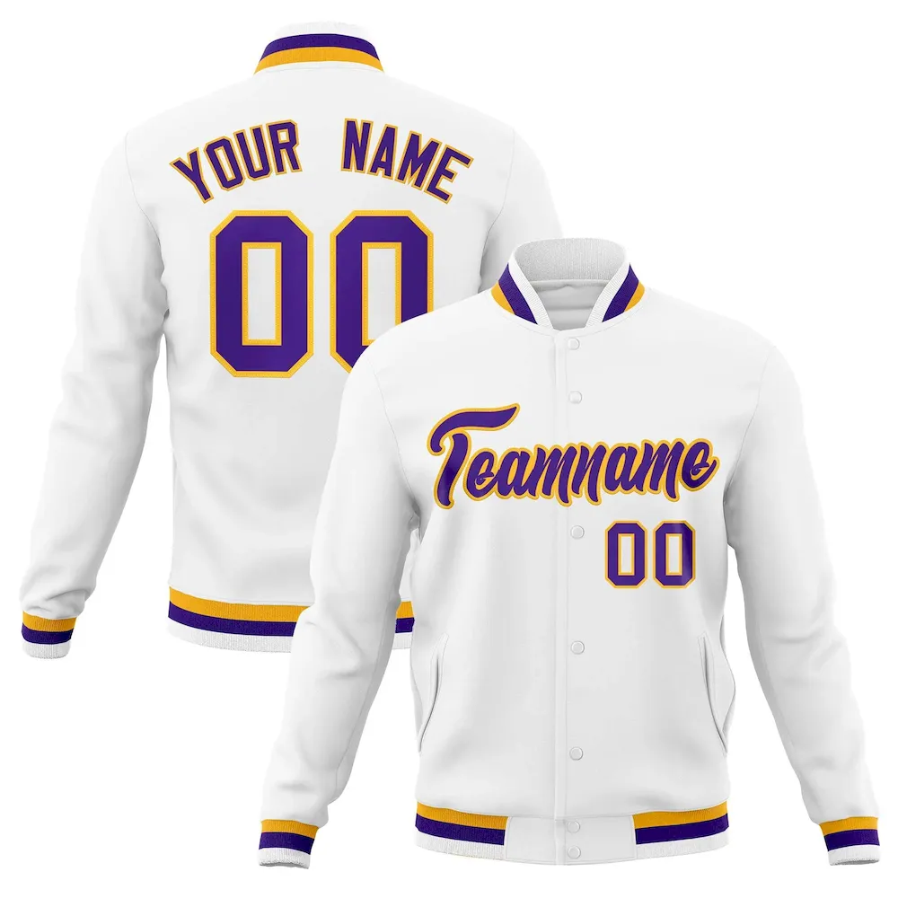 Custom White Purple-Gold Classic Style Varsity Full-Snap Letterman Jacket