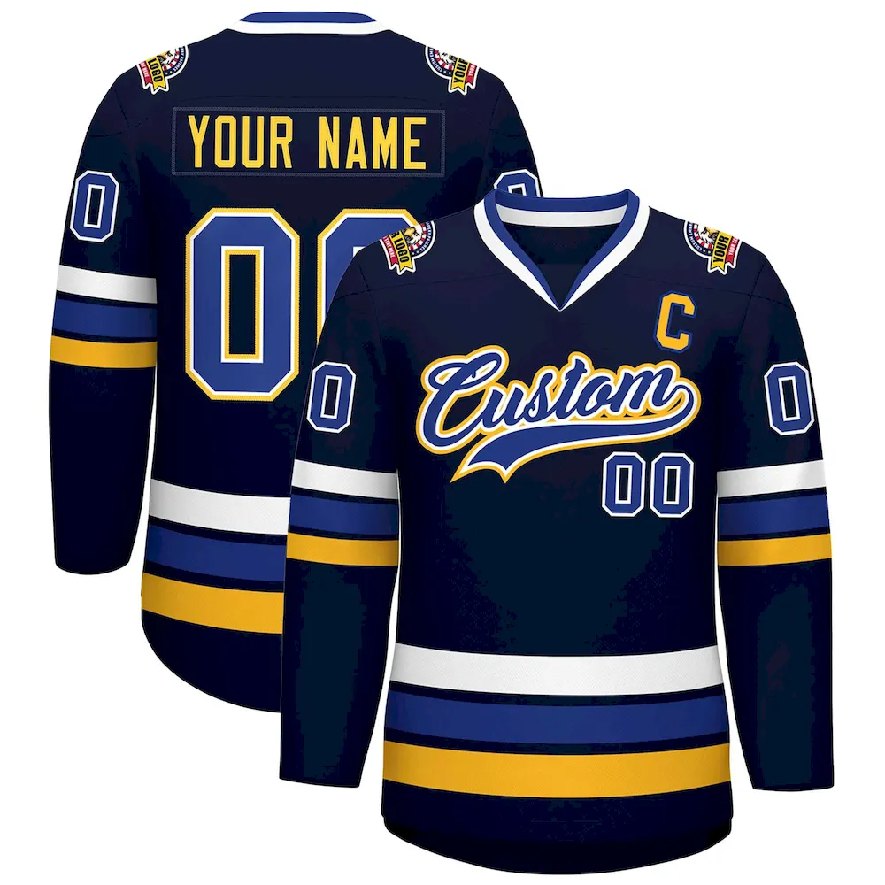 Custom Navy Royal White-Gold Classic Style Hockey Jersey