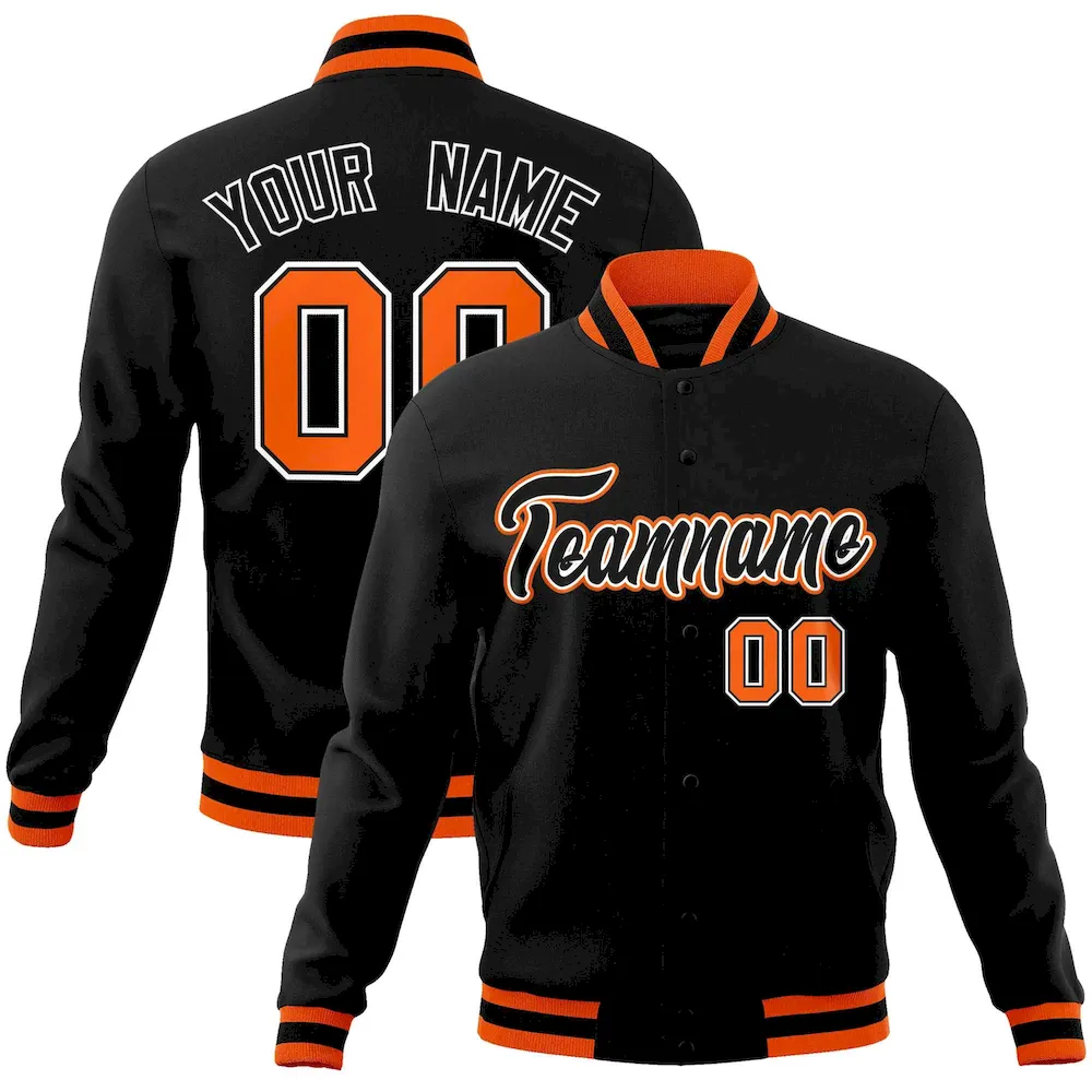 Custom Black Black-Orange Classic Style Varsity Full-Snap Letterman Jacket