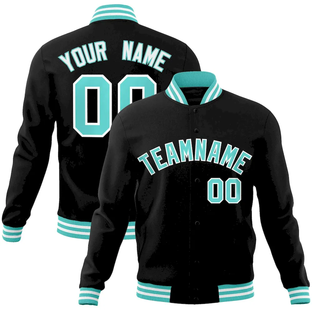 Custom Black Aqua-White Classic Style Varsity Full-Snap Letterman Jacket