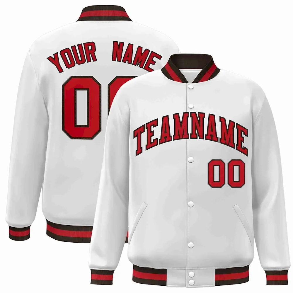 Custom White Red-Brown Classic Style Varsity Full-Snap Letterman Jacket