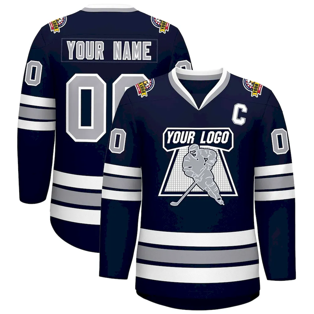Custom Navy Gray-White Classic Style Hockey Jersey
