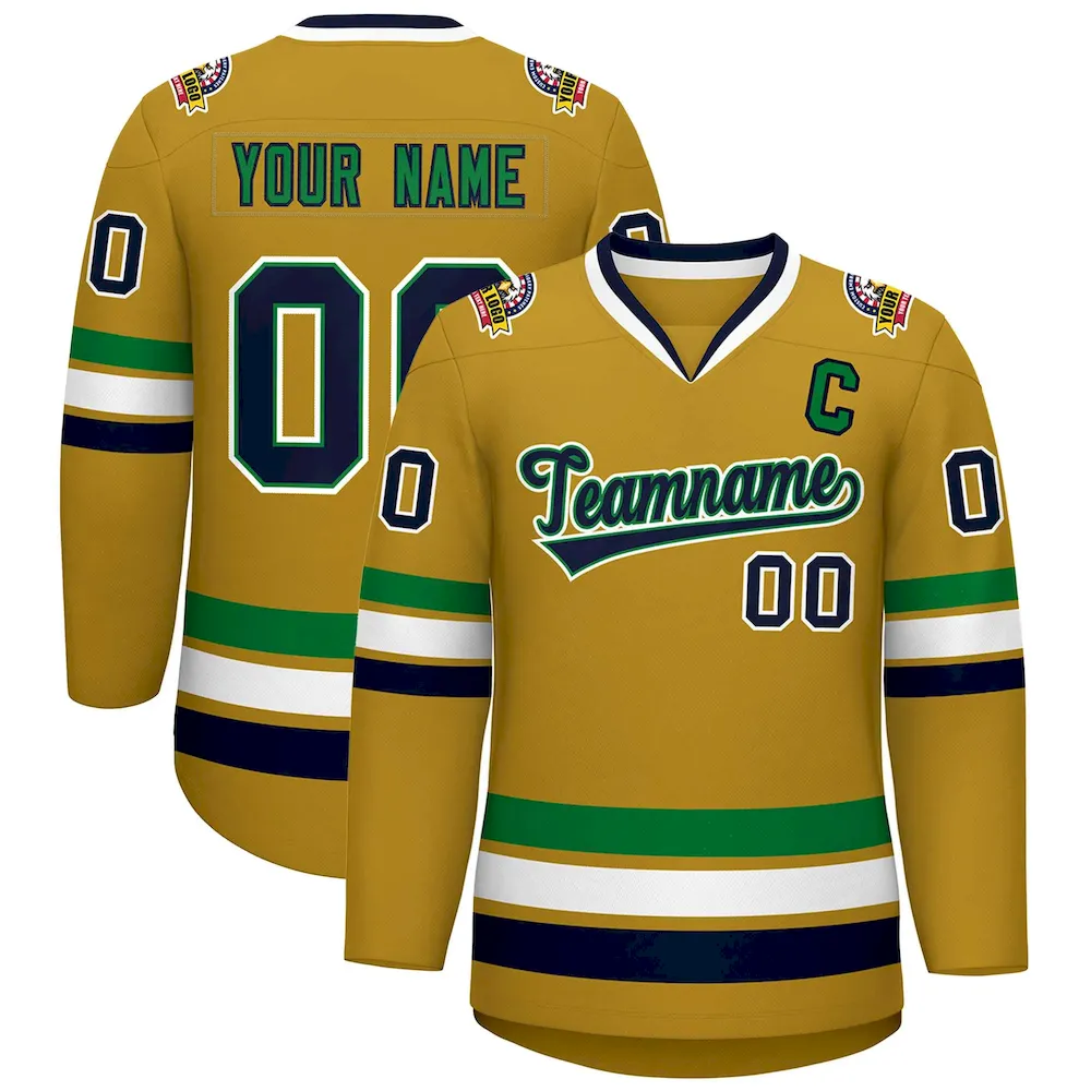 Custom Old Gold Navy Kelly Green-White Classic Style Hockey Jersey
