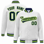 Custom White Navy-Neon Green Classic Style Varsity Full-Snap Letterman Jacket
