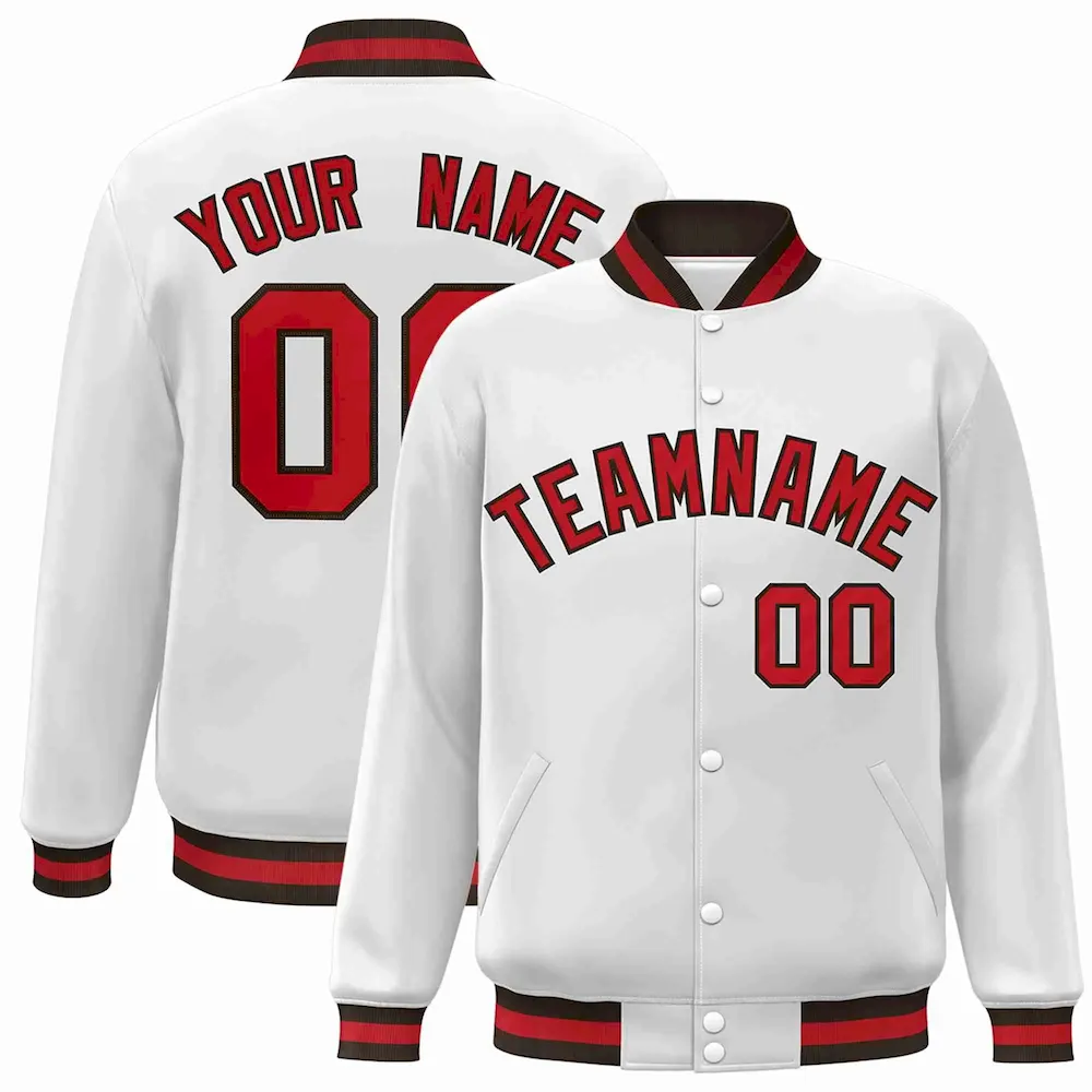 Custom White Red-Brown Classic Style Varsity Full-Snap Letterman Jacket