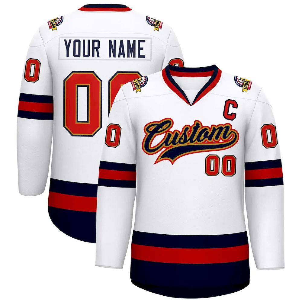 Custom White Navy Old Gold-Red Classic Style Hockey Jersey