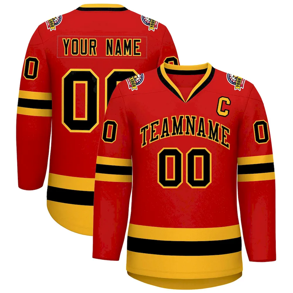 Custom Red Black-Gold Classic Style Hockey Jersey