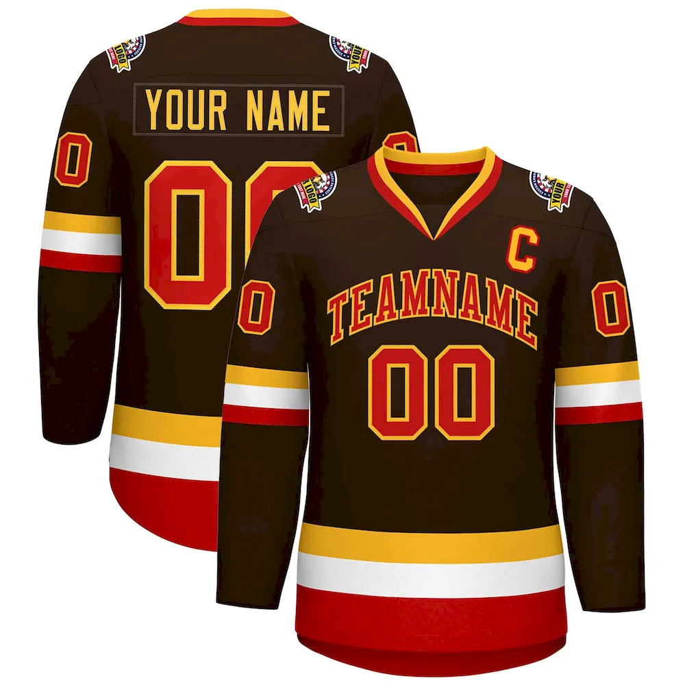 Custom Brown Red-Gold Classic Style Hockey Jersey