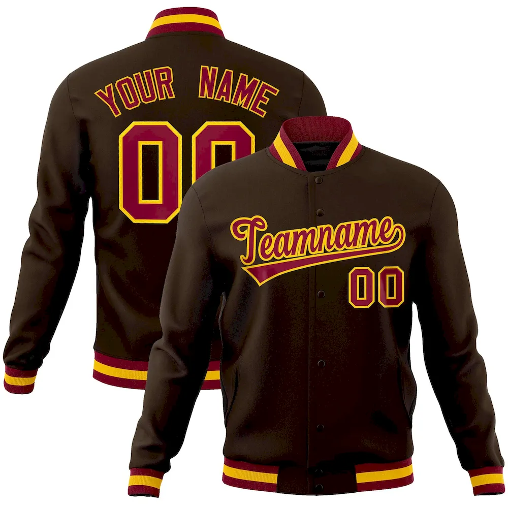 Custom Brown Crimson-Gold Classic Style Varsity Full-Snap Letterman Jacket