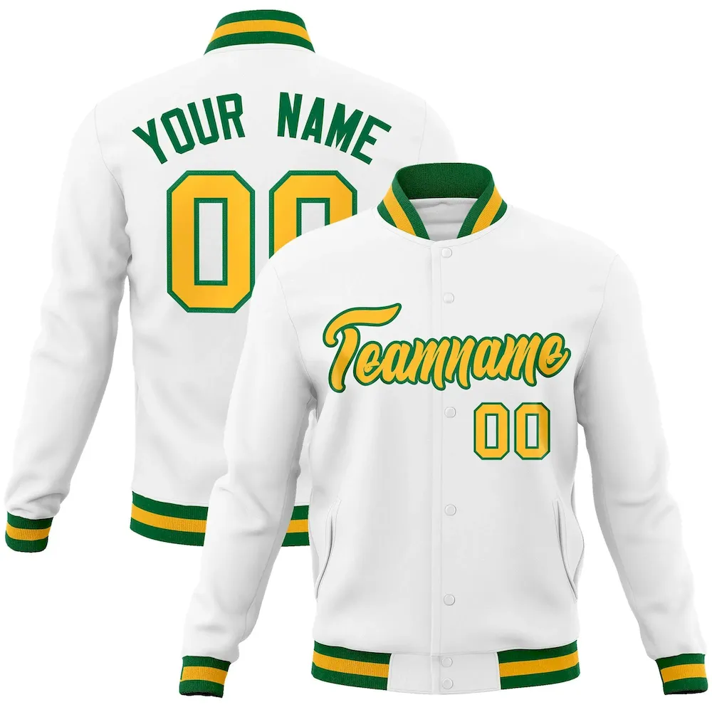 Custom White Yellow-Green Classic Style Varsity Full-Snap Letterman Jacket