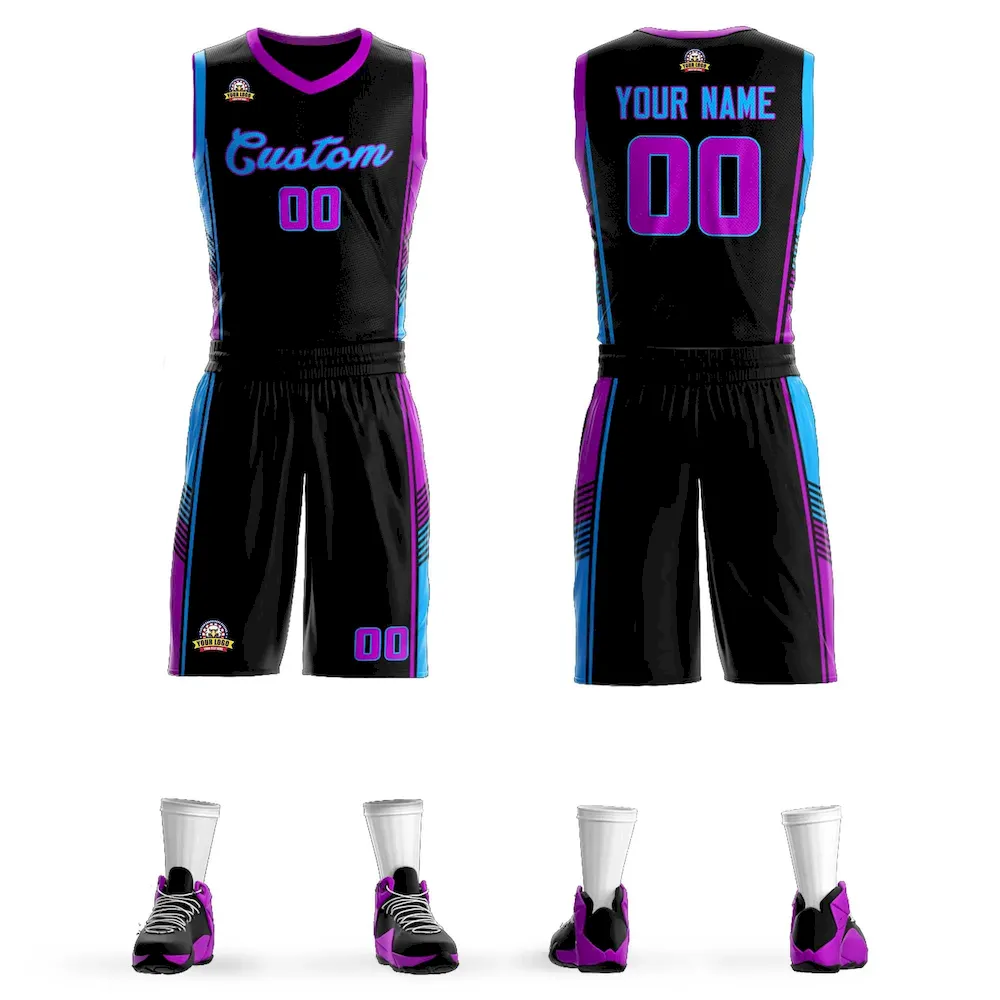 Custom Black Rose Red-Powder Blue Classic Sets Sports Uniform Basketball Jersey