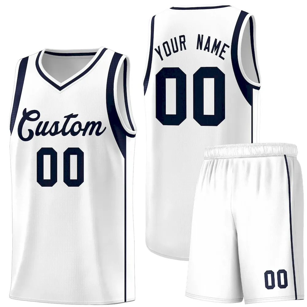 Custom White Navy Sleeve Color Blocking Classic Sets Sports Uniform Basketball Jersey