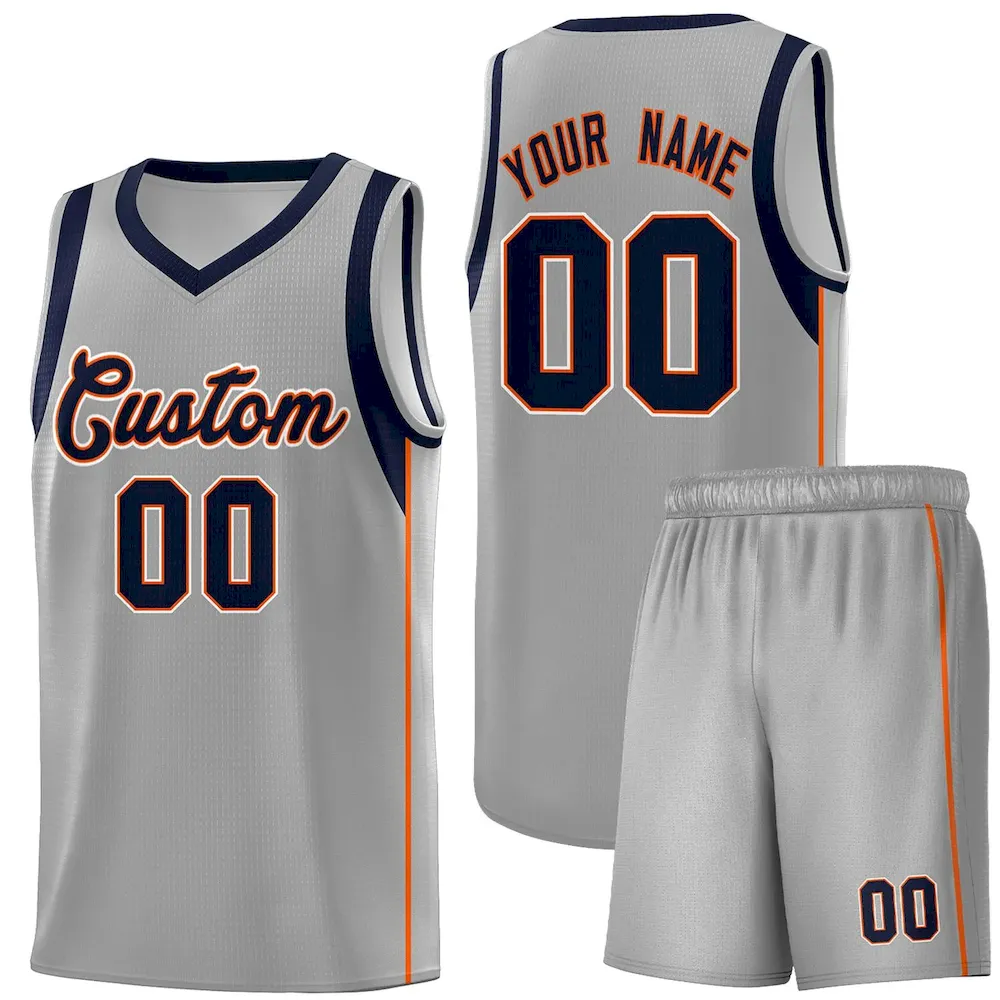 Custom Gray Navy-Orange Sleeve Color Blocking Classic Sets Sports Uniform Basketball Jersey