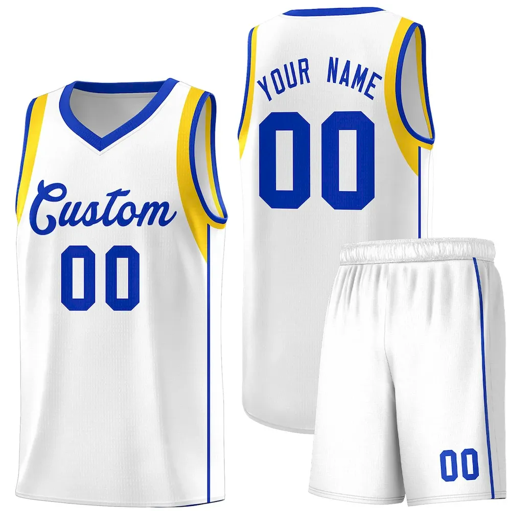 Custom White Royal-Gold Sleeve Color Blocking Classic Sets Sports Uniform Basketball Jersey