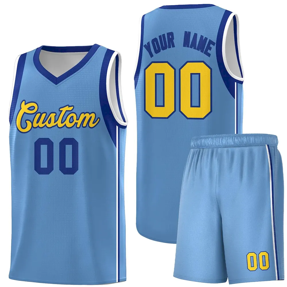 Custom Powder Blue Royal-Gold Sleeve Color Blocking Classic Sets Sports Uniform Basketball Jersey