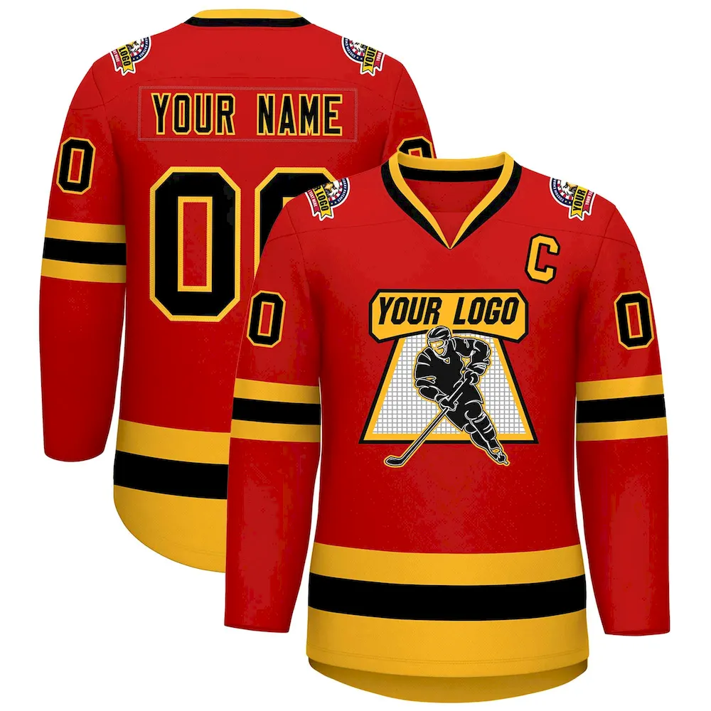 Custom Red Black-Gold Classic Style Hockey Jersey