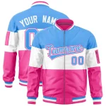 Custom Powder Blue White-Pink Varsity Full-Zip Color Block Letterman Bomber Jacket