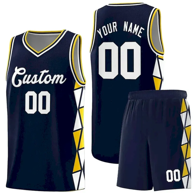 Custom Navy Red-White Side Two-Color Triangle Splicing Sports Uniform Basketball Jersey