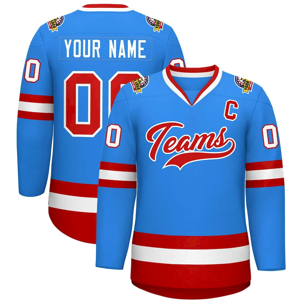 Custom Powder Blue Red-White Classic Style Hockey Jersey