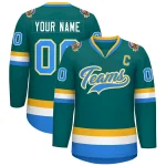 Custom Teal Powder Blue White-Gold Classic Style Hockey Jersey