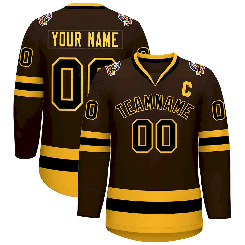 Custom Brown Black-Gold Classic Style Hockey Jersey