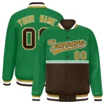 Custom Kelly Green Brown Varsity Full-Snap Color Block Letterman Jacket