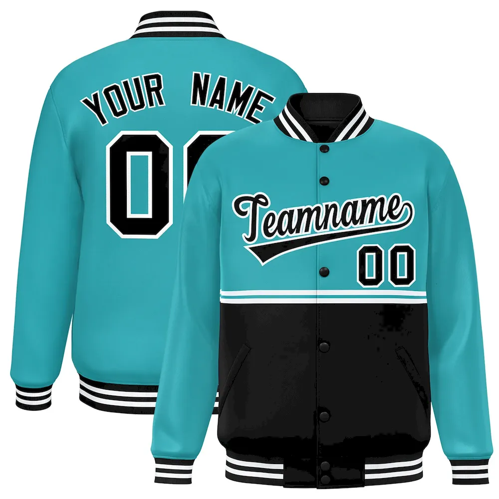 Custom Aqua Black Varsity Full-Snap Color Block Letterman Jacket