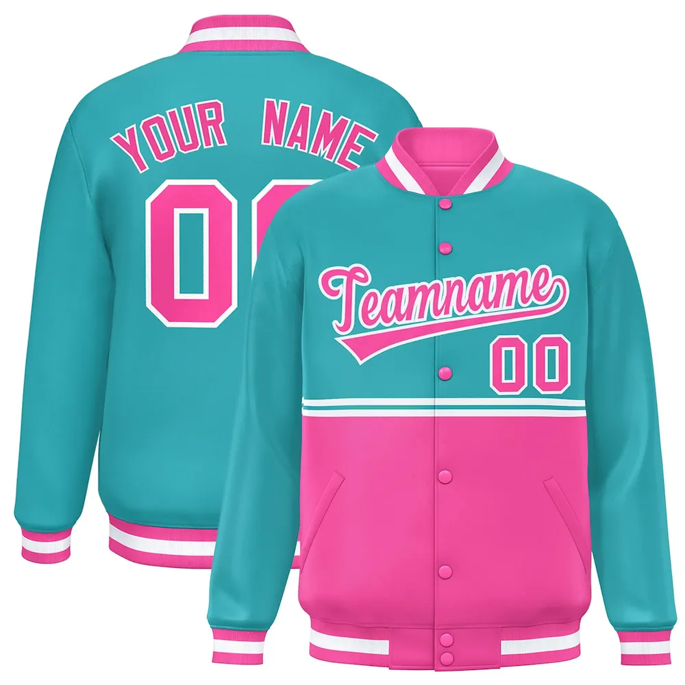 Custom Aqua Navy Varsity Full-Snap Color Block Letterman Jacket