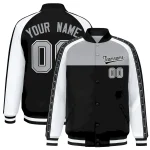 Custom Gray Black K-Ribbon Raglan Sleeves Varsity Full-Snap Color Block Letterman Jacket